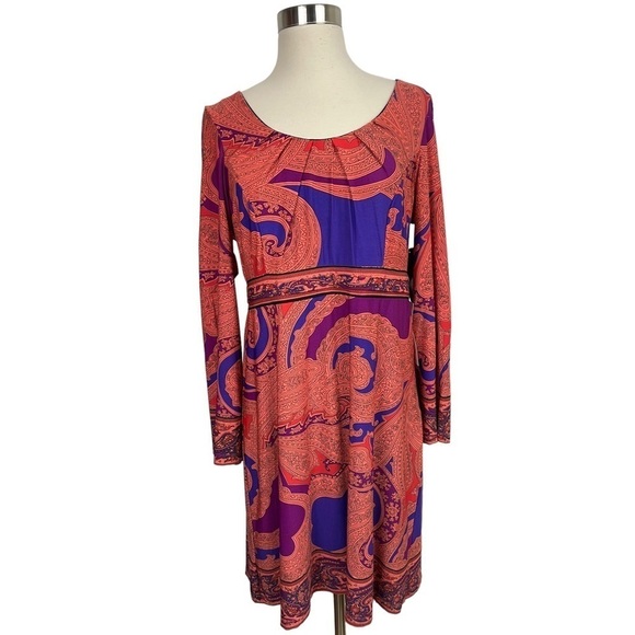 NWT Oleg Cassini L/S Multicolored Paisley Print Scoop Neck Midi Dress Size 12 - Picture 1 of 12